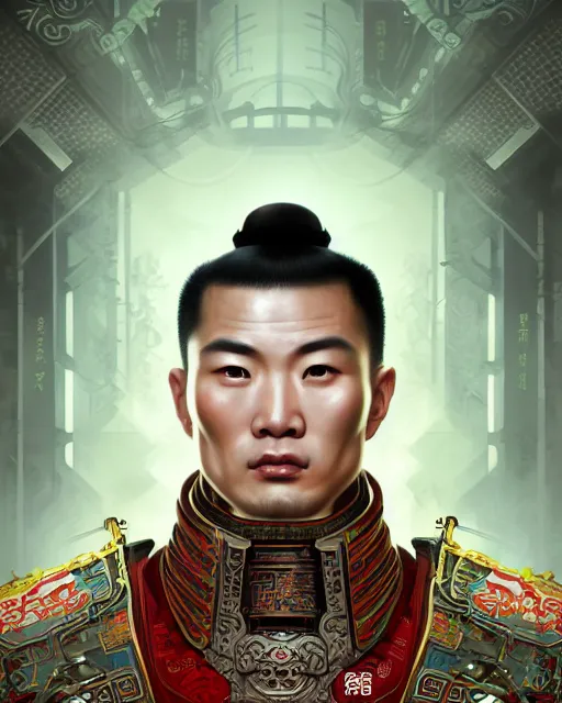 Image similar to portrait of a chinese masculine male cyberpunk machine, machine face, upper half portrait, decorated with chinese opera motifs, muscular arms, asian, fine china, wuxia, traditional chinese art, intricate, elegant, highly detailed symmetry headpiece digital painting artstation concept art smooth sharp focus illustration, art by artgerm and greg rutkowski alphonse mucha 8 k