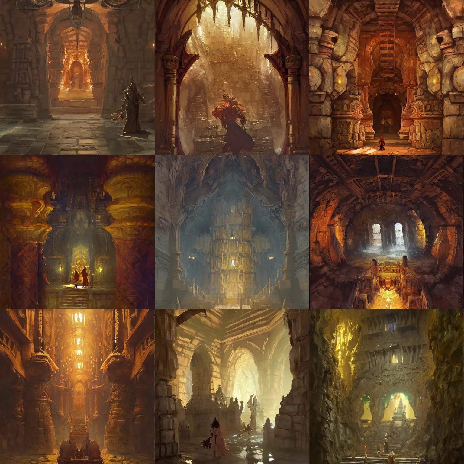 Prompt: ancient underground dungeon temple, intricate, elegant, highly detailed, digital painting, artstation, concept art, by greg manchess, greg rutkowski, jesper ejsing, krenz cushart, artem demura, alphonse mucha