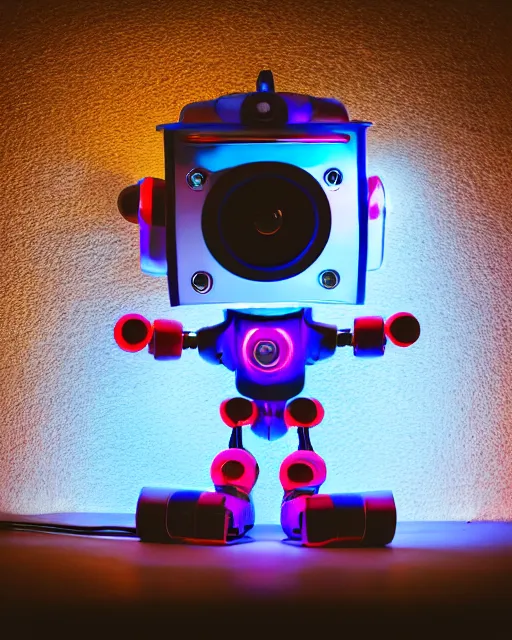 Image similar to high quality presentation night photo of an illuminated cute retro robot girl, photography 4k, f1.8 anamorphic, bokeh, 4k, Canon, Nikon