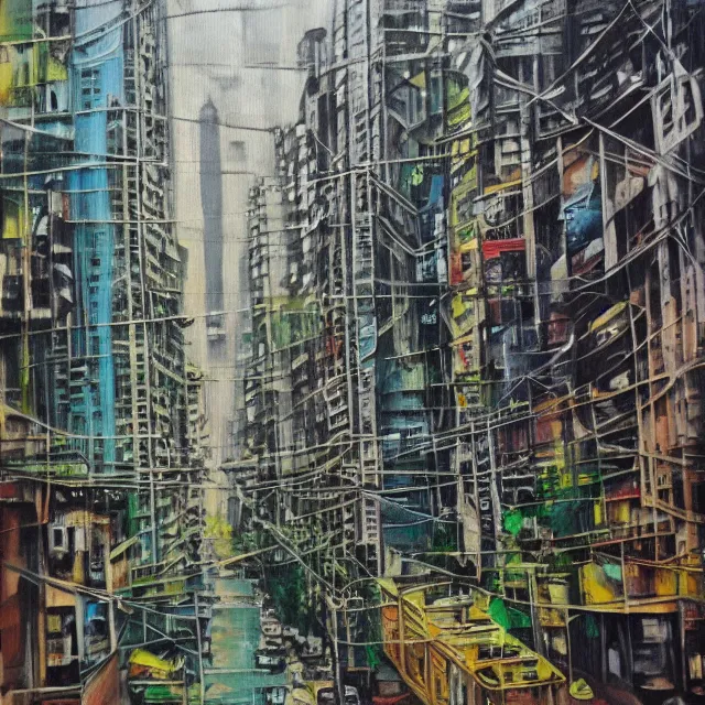 Image similar to streets of mumbai, future, mossy buildings, high fidelity, uncompressed, photorealistic oil painting, straight lines