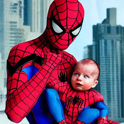 Image similar to realistic photo of spiderman holding baby wearing spiderman costumes, an film still