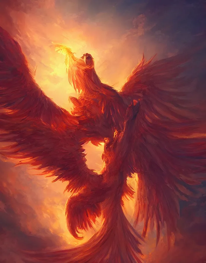 Image similar to a gigantic phoenix god ascending to heaven, godly, fantasy, light, bright, artstation, digital art,