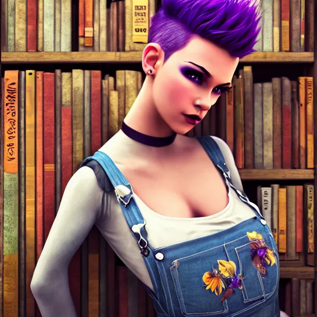 Image similar to full body pose, beautiful adult fairy, pixar, short white hair shaved sides, dirty, grungy, grunge, long sleeve, painted overalls, stacks of giant books, highly detailed, 4 k, hdr, smooth, sharp focus, high resolution, award - winning photo, artgerm, photorealistic