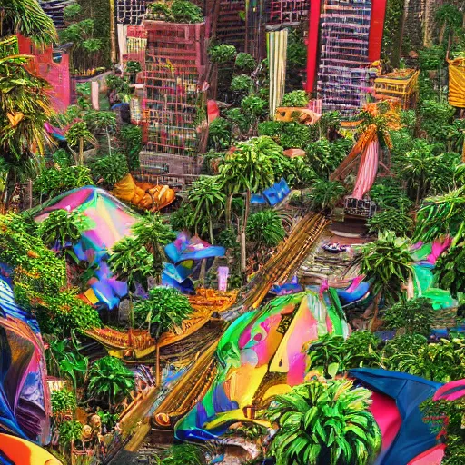 Image similar to colorful jungle city, digital art, cosmic, 3 d high definition, trending on art station, photorealistic, high resolution, v 8 k, octane, hyper detailed, insane details, intricate, elite, ornate, elegant trend, highly detailed and intricate, sharp focus, photography, unreal engine