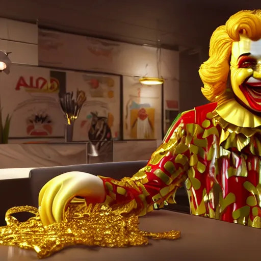 Image similar to A still of Ronald McDonald surrounded by gold and diamonds, Award-winning, photograph, 3d render, unreal engine, 4k detailed