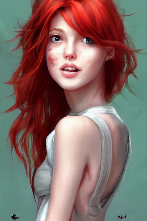 Image similar to beautiful cute red haired joyful and playful nineteen year old maiden standing up in casual green clothing, long hair, attractive face, modern city, rpg character, sci - fi, fantasy, intricate, elegant, digital painting, artstation, concept art, smooth, 8 k frostbite 3 engine, ultra detailed, art by artgerm magali villeneuve