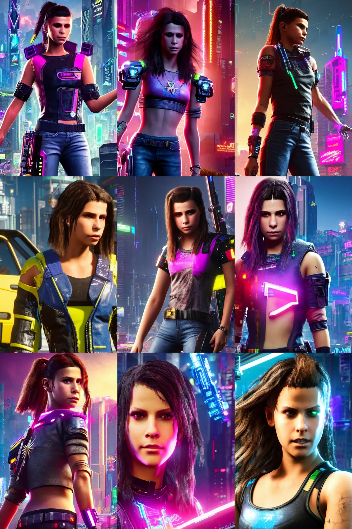 Prompt: Madisyn Shipman in Cyberpunk 2077. In game render