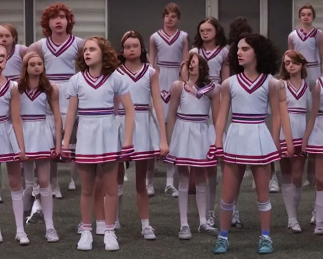 Image similar to eleven from stranger things dressed as a middle school cheerleader, practicing with the squad, cdx