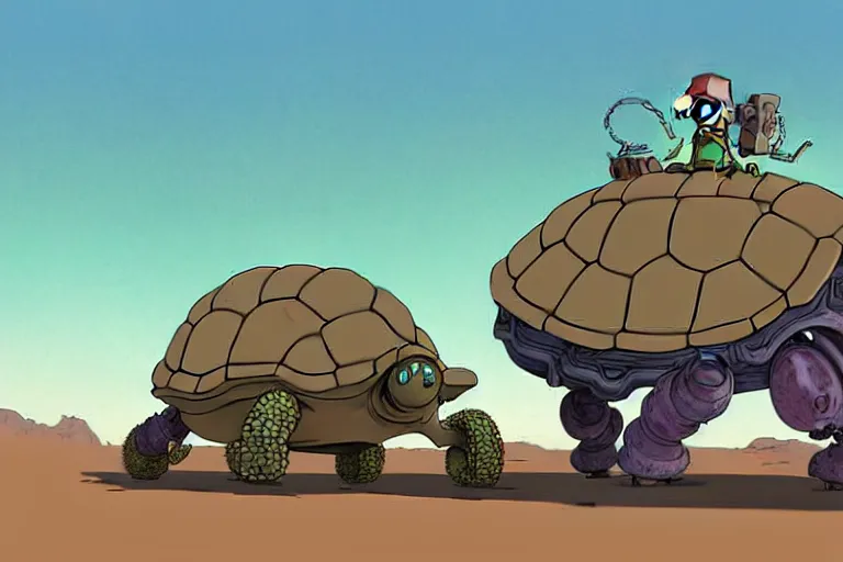 Prompt: a cell shaded cartoon of a lovecraftian mechanized turtle from howl's moving castle ( 2 0 0 4 ), on a desert road, full body, wide shot, very muted colors, post grunge, studio ghibli, laurie greasley, highly detailed, deviantart, art by artgem