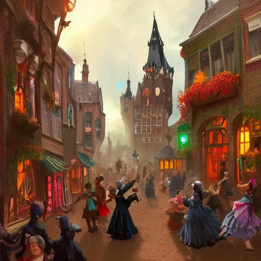Prompt: A bustling magical town with witches and black cats dancing around a colorful music festival in its center, inspired by Victorian England and Amsterdam, highly detailed, digital painting, artstation, concept art, matte painting