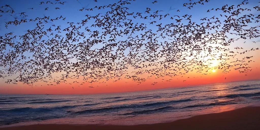 Prompt: seagulls flying over the ocean during the sunset as the sand twinkles, realistic