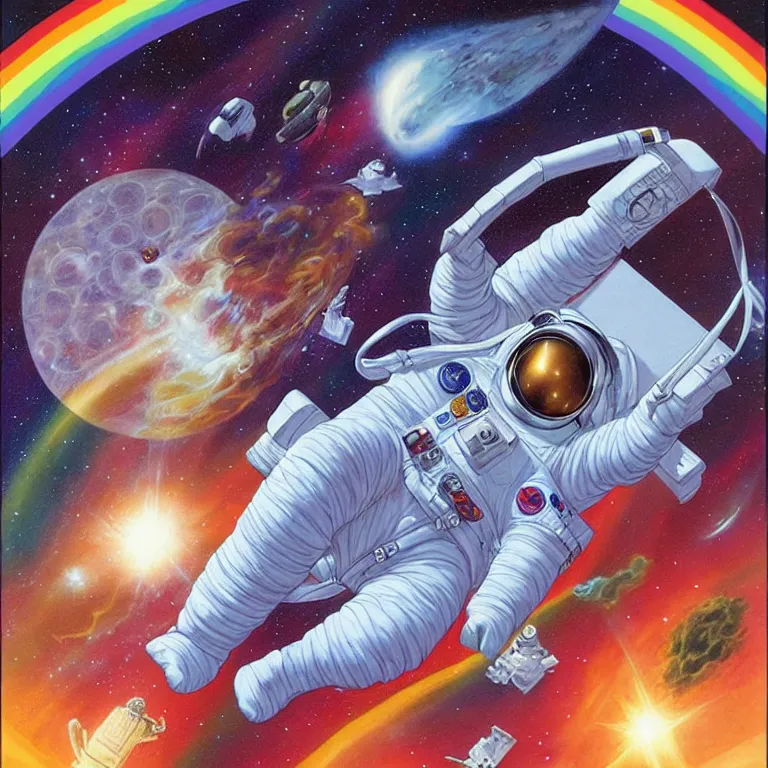 Image similar to astronaut at the rainbow bridge. paul gulacy. philip caza. artgerm.