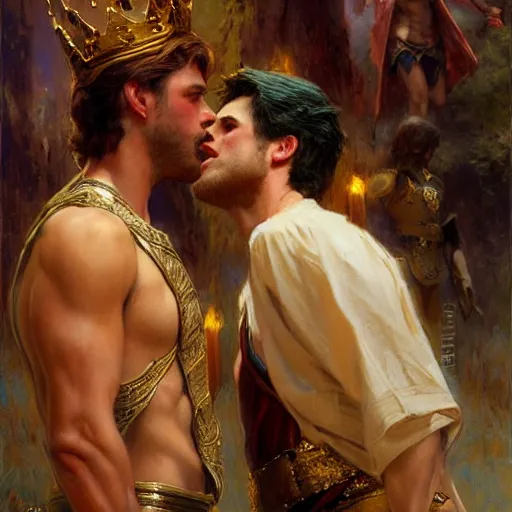 Prompt: attractive fully clothed king confesses his love for his attractive fully clothed male prince. highly detailed painting by gaston bussiere, craig mullins, daniel f. gerhartz, j. c. leyendecker 8 k