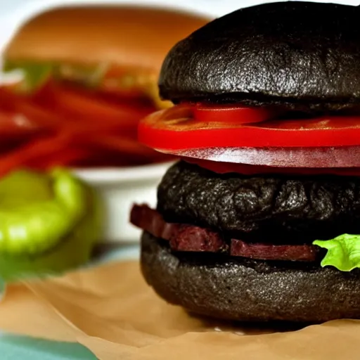 Prompt: a black hamburger, photo