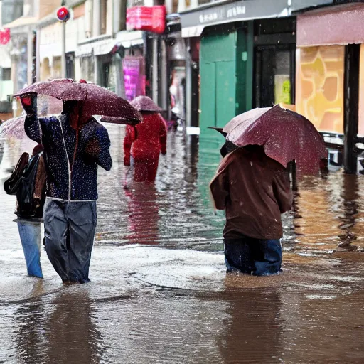 Image similar to people on street get flooded on chocolate liquid rain,