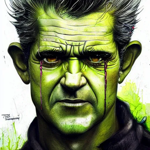 Prompt: a Demon Slayer portrait of Mel Gibson, tall, pale-skinned, slender with lime green eyes and long eyelashes by Stanley Artgerm, Tom Bagshaw, Arthur Adams, Carne Griffiths, trending on Deviant Art, street art, face enhance, chillwave, maximalist, full of color, glittering