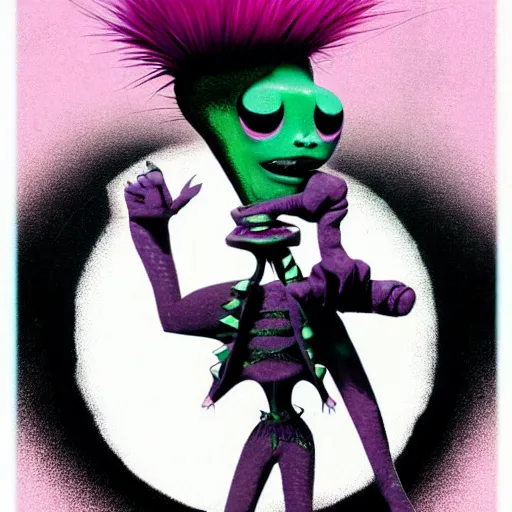 Image similar to a pink punk rock rapper alien with black spiked hair, an airbrush painting by Jamie Hewlett, cgsociety, symbolism, antichrist, aesthetic, 8k