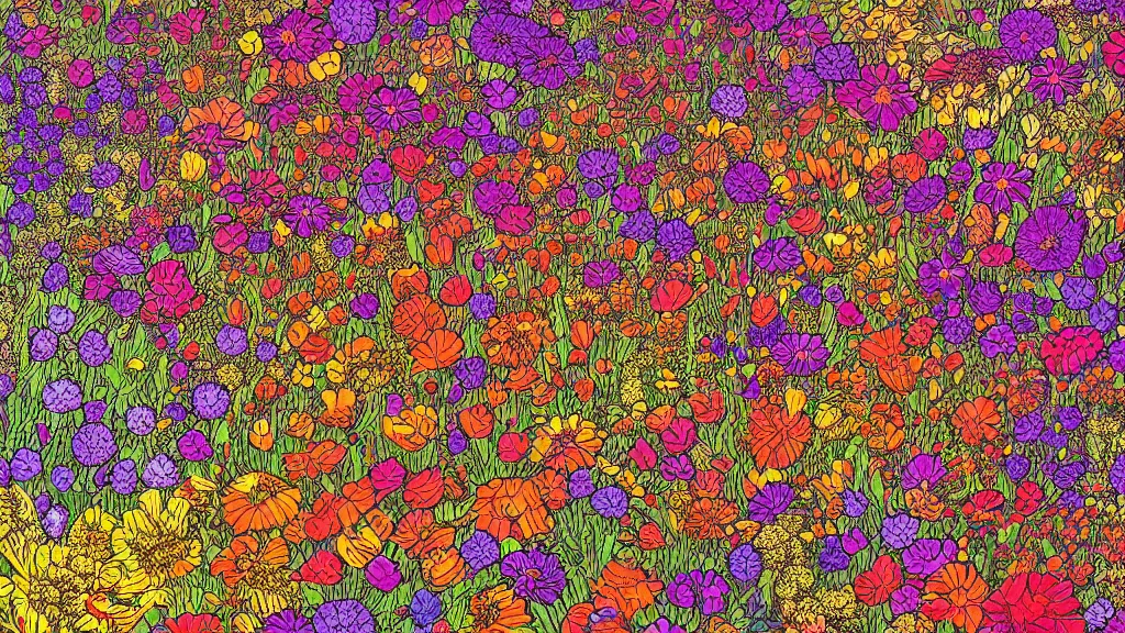 Image similar to highly detailed illustration of an explosion of all known species of flowers by moebius, 4 k resolution, realistic colors