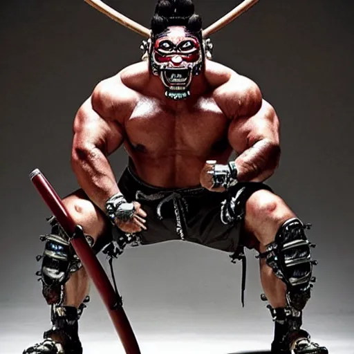 Image similar to very big very muscular very buff very strong samurai, wearing a cybernetic oni mask. The mask is cybernetic. Movie still