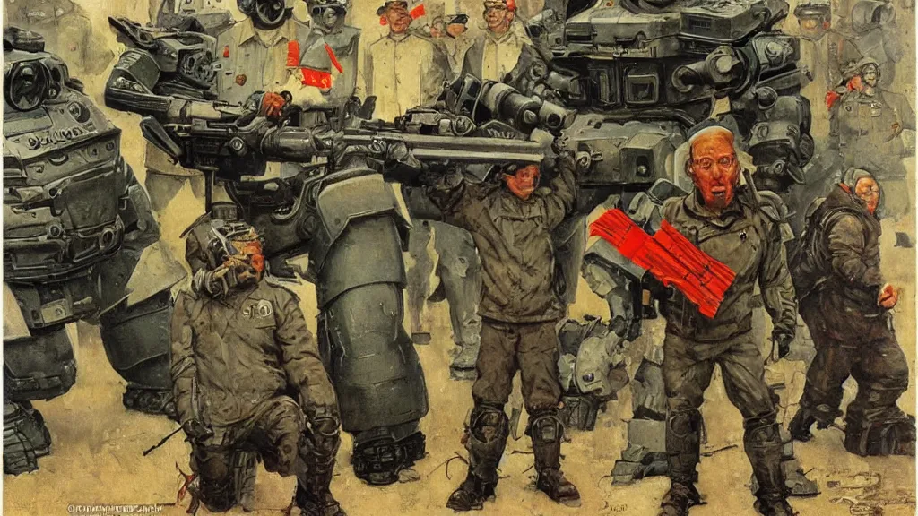 Prompt: Soviet mechs in the style of Norman Rockwell, sci-fi illustrations, highly detailed, award-winning, patriotic, soviet, ussr, dark, gritty, ink