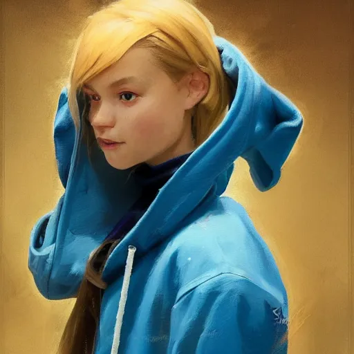 Image similar to greg manchess portrait of a beautiful teen girl with blonde hair, wearing a blue hoodie, medium shot, asymmetrical, swedish, sticker, profile picture, organic painting, matte painting, bold shapes, hard edges, street art, trending on artstation, by huang guangjian and gil elvgren and sachin teng and wlop and rossdraws and greg rutkowski