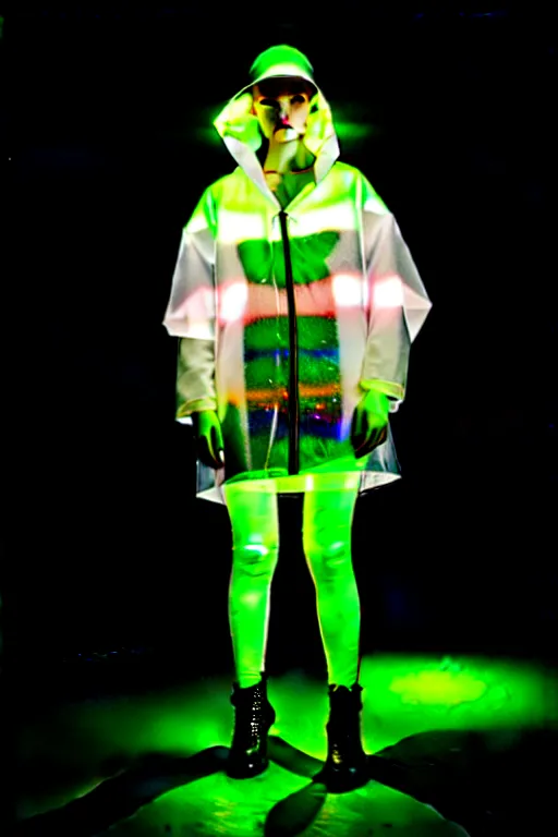 Image similar to an ultra high definition professional high fashion portrait studio full length photograph of a model wearing a transparent pearlescent raincoat and neon visor in an icelandic black rock environment at dawn. no artefacts. extremely detailed. stark. refraction. shallow depth of field. volumetric light and shadow. ray tracing. light rays.