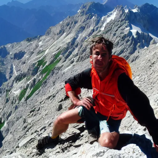 Prompt: a man on the summit of Pyrenees mountains in the summer