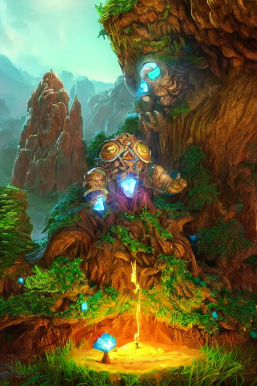 Image similar to zelda fantasy art giant golem elemental wood rock greeble gemstone enchanted forest troll, global illumination ray tracing hdr fanart arstation by sung choi and eric pfeiffer and gabriel garza and casper konefal bastion forged hardmesh lisa frank zbrush central radiating a glowing aura global illumination ray tracing hdr volume light