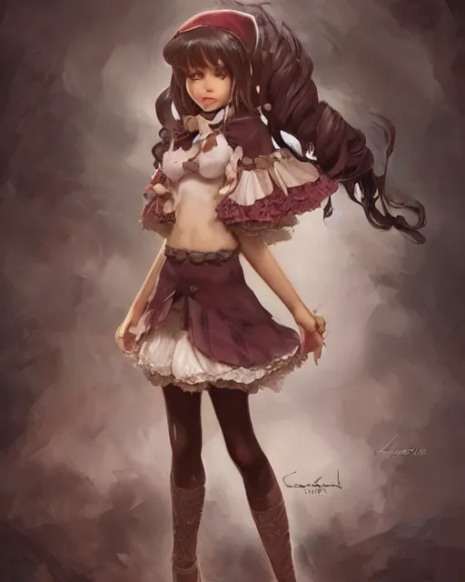 Prompt: a ( girl as personification of chocolate cupcake ), fantasy bakery, digital art by krenz cushart, laurie greasly, wlop, artgerm, intricate, physically correct, highly detailed, sharp focus, smooth, epic composition, joyful, unreal engine
