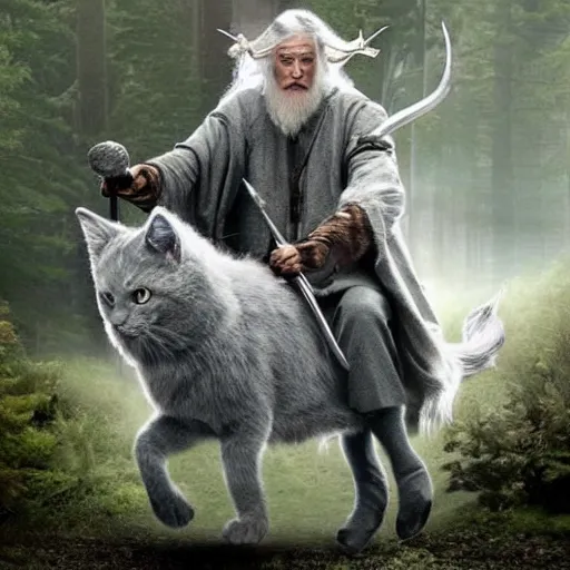 Prompt: gandalf the grey riding a giant kitten with antlers through the forest