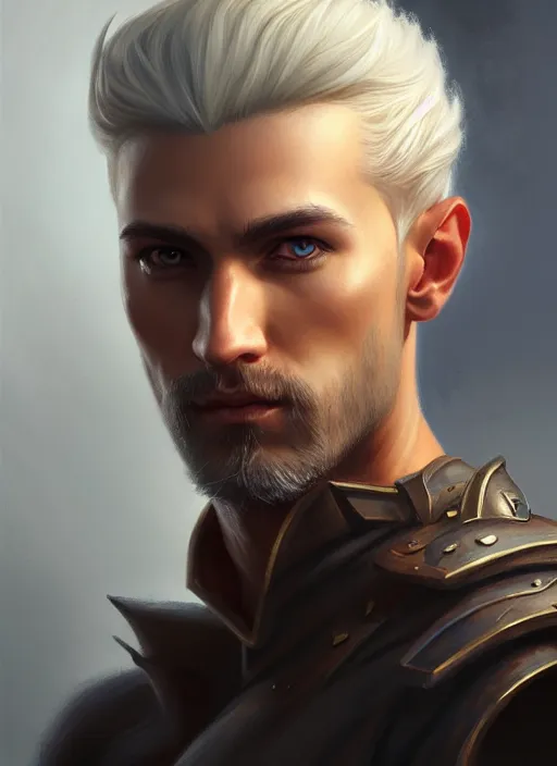 Prompt: a _ fantasy _ style _ portrait _ painting _ of male, medium dark blonde pulled back side part and blonde stubble, rpg dnd oil _ painting _ unreal _ 5 _ daz. _ rpg _ portrait _ extremely _ detailed _ artgerm _ greg _ rutkowski _ greg