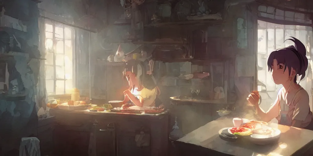 Prompt: a girl makes breakfast in her house, close up shot from the side, anime art, Greg Rutkowski, studio ghibli, dramatic lighting