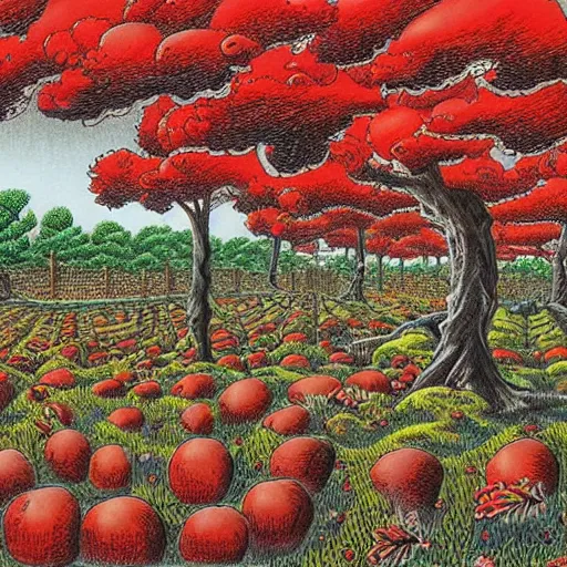 Image similar to warm red, steampunk eclectic, shadowy by shotaro ishinomori, by todd schorr. a beautiful drawing depicting a farm scene. the drawing shows a view of an orchard with trees in bloom.