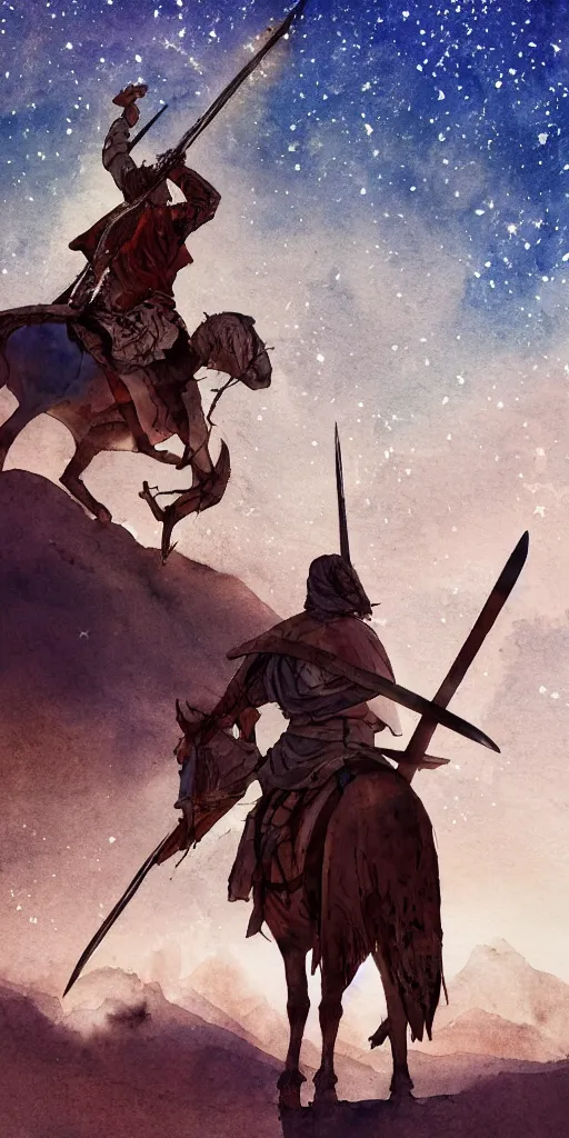 Image similar to an arab person with swords on his back standing in the desert with sky with stars in watercolor, cinematic, highly detailed wide, atmospheric lighting, muted colors