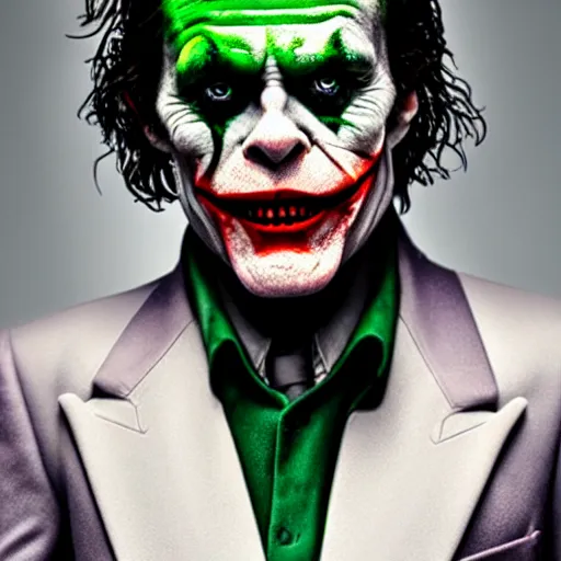 Image similar to willem dafoe as the joker, movie poster, superrealism, quality, post - production, image depth, focus, fine details, skin pores, makeup, gloomy, mysterious, hazy, 8 k