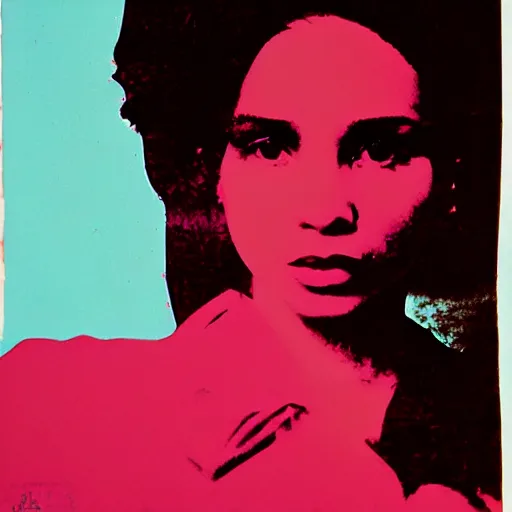 Prompt: screenprint solarized portrait of zoe kravitz by andy warhol