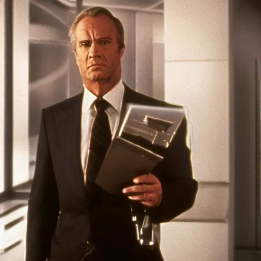 Prompt: an older corporate executive, film still from a ridley scott sci - fi movie, dark and beige atmosphere, dark science fiction from the 1 9 8 0 s