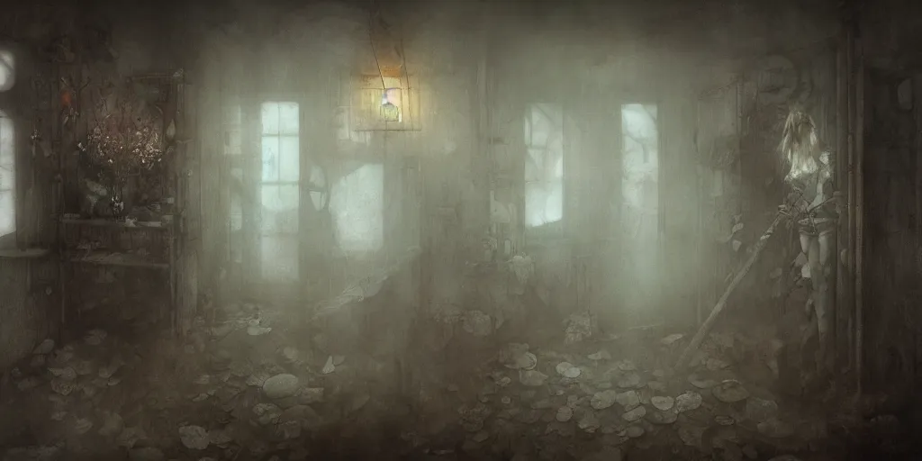 Prompt: room 3 0 2 inspired by silent hill by brian froud, yoshitaka amano, kim keever and jeremy lipkin