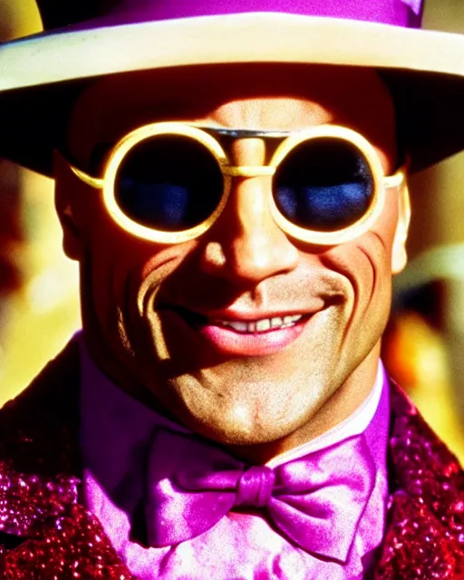 Image similar to Film still close-up shot of Dwayne Johnson as Willy Wonka from the movie Willy Wonka & The Chocolate Factory. Photographic, photography