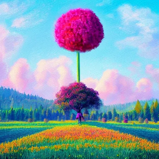 Image similar to flower field becoming a girl with dress and a giant flower as a face, hills, big trees, sunrise dramatic light, impressionist painting, colorful clouds, digital painting, pointillism, artstation, simon stalenhag