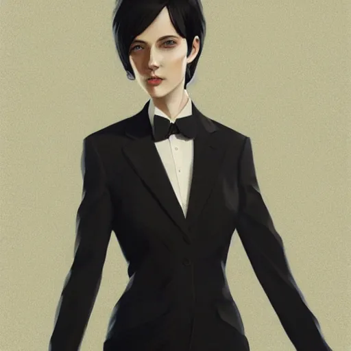 Image similar to slim girl in tuxedo with short black hair, elegant, 2d, ultra highly detailed, digital painting, smooth, sharp focus, artstation, art by Ilya Kuvshinov