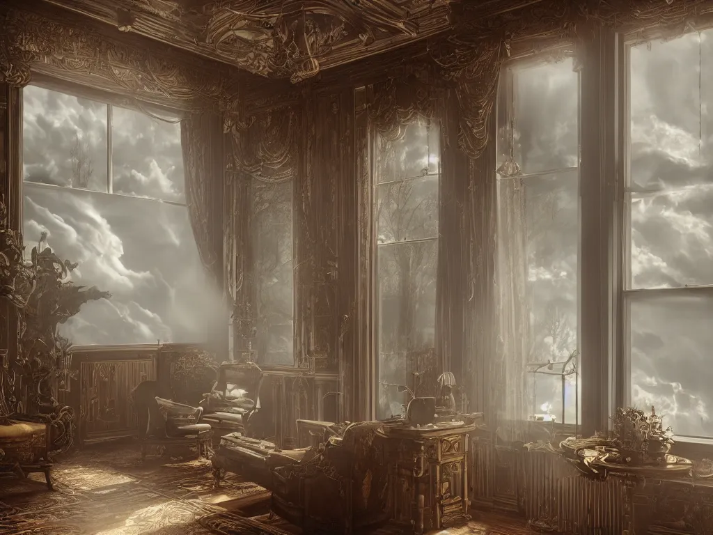 Image similar to richly decorated Victorian house with a moog modular synthesizer, modern, beautiful, detailed wood, photorealistic, photorealism, lightning, clouds, the winter light comes in through a window, volumetric fog