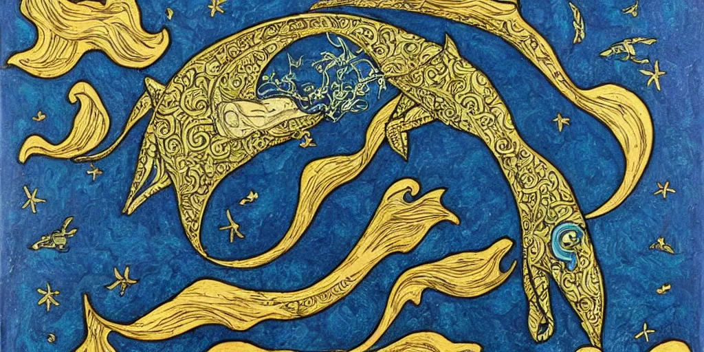 Image similar to whale, tarot style, art nouveau, gold filigree, painted, high detail,