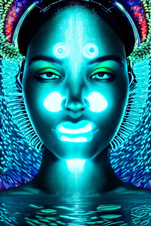 Image similar to hyperrealistic cybernetic cinematic bioluminescent very expressive! oshun goddess underwater, whole body, highly detailed face, digital art masterpiece, smooth eric zener cam de leon, dramatic pearlescent turquoise light on one side, low angle uhd 8 k, shallow depth of field