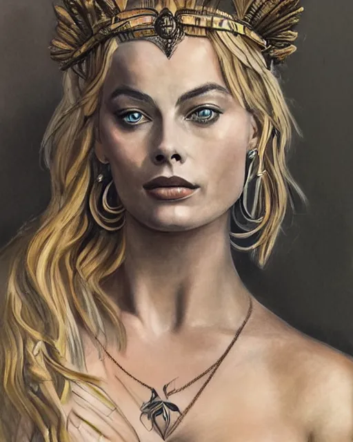 Image similar to realism tattoo sketch of margot robbie as a beautiful greek goddess aphrodite with piercing eyes wearing a laurel wreath and triangle earrings, in the style of greg rutkowski, amazing detail