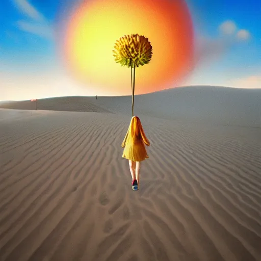 Image similar to closeup giant dahlia flower over the head, girl walking between dunes, surreal photography, sunrise, blue sky, dramatic light, impressionist painting, digital painting, artstation, simon stalenhag