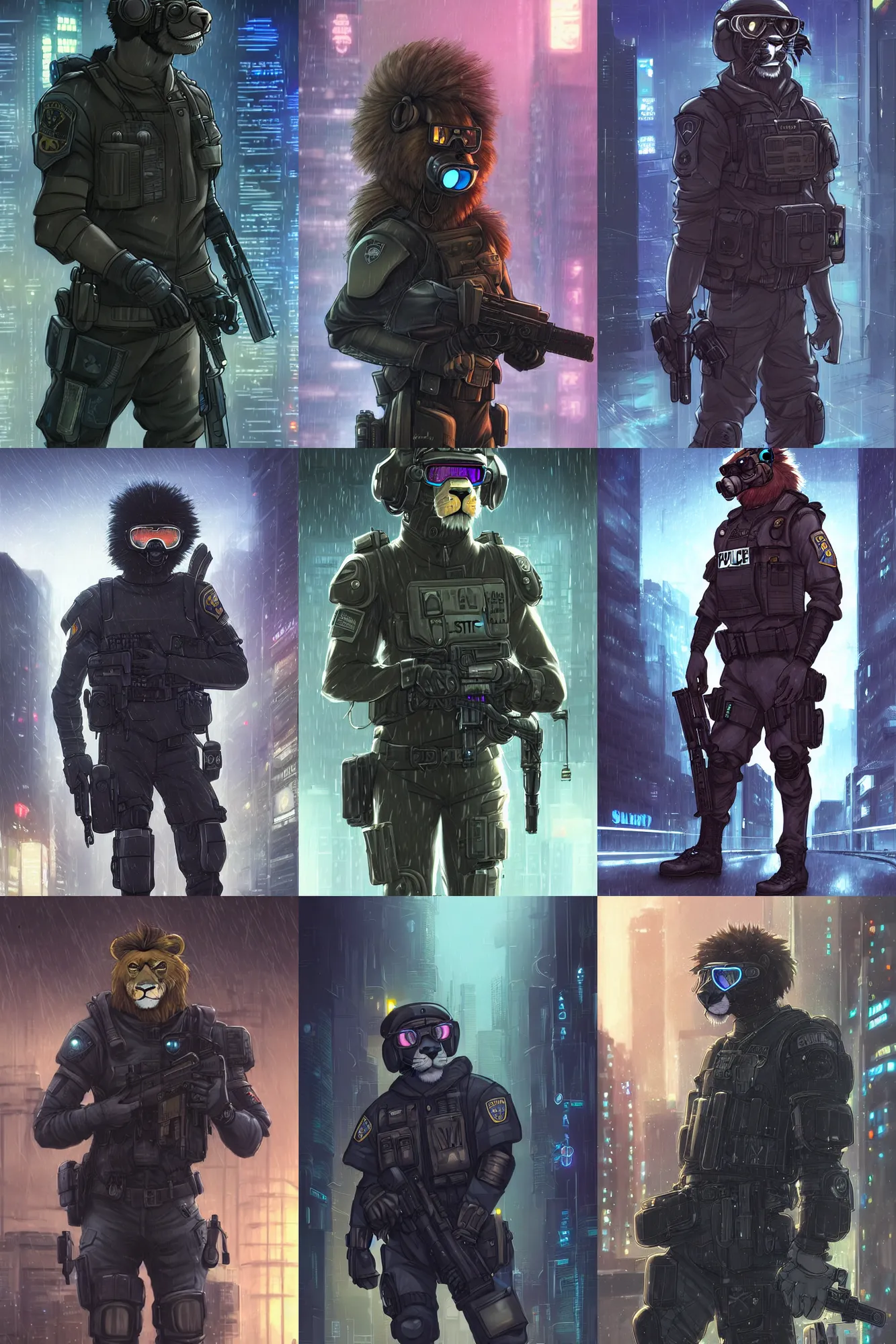Prompt: beautiful portrait commission of a male furry anthro lion fursona wearing a tactical police swat uniform with helmet and ballistic goggles in a cyberpunk city at night in the rain. character design by charlie bowater, ross tran, artgerm, and makoto shinkai, detailed, inked, western comic book art