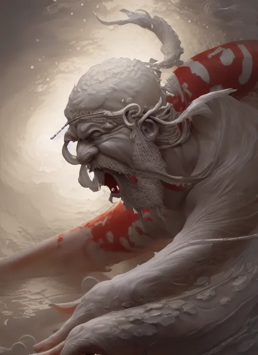 Image similar to subsurface scattering, white, koi, samurai deity with floating hands, by jesper ejsing, james jean, justin gerard, tomasz alen kopera, cgsociety and fenghua zhong, highly detailed, rim light, cinematic lighting, illustration, art, octane render, very coherent, cinematic, hyper realism, high detail, 8 k