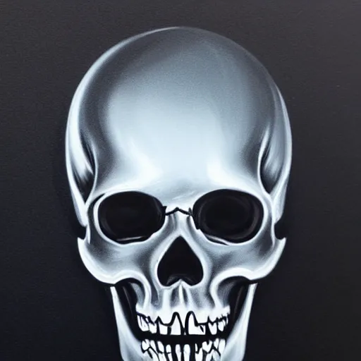 Prompt: airbrush painting of a chrome - plated skull on a black background