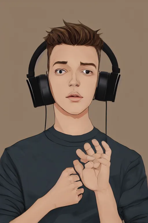 Image similar to a boy with headphones in a cafe, digital art, digital painting, masterpiece, concept art, trending on deviantart, highly detailed, high quality, anatomically correct, five fingers, cinematic, high coherence, soft lighting, soft colors, beautiful, elegant, short black hair, 4 k, symmetrical, realistic and detailed face, cartoon